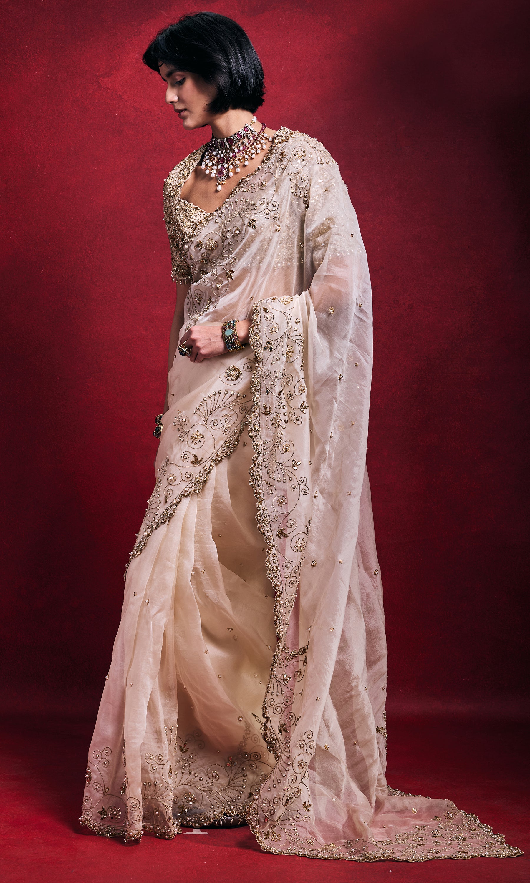 Cream Organza Saree Set