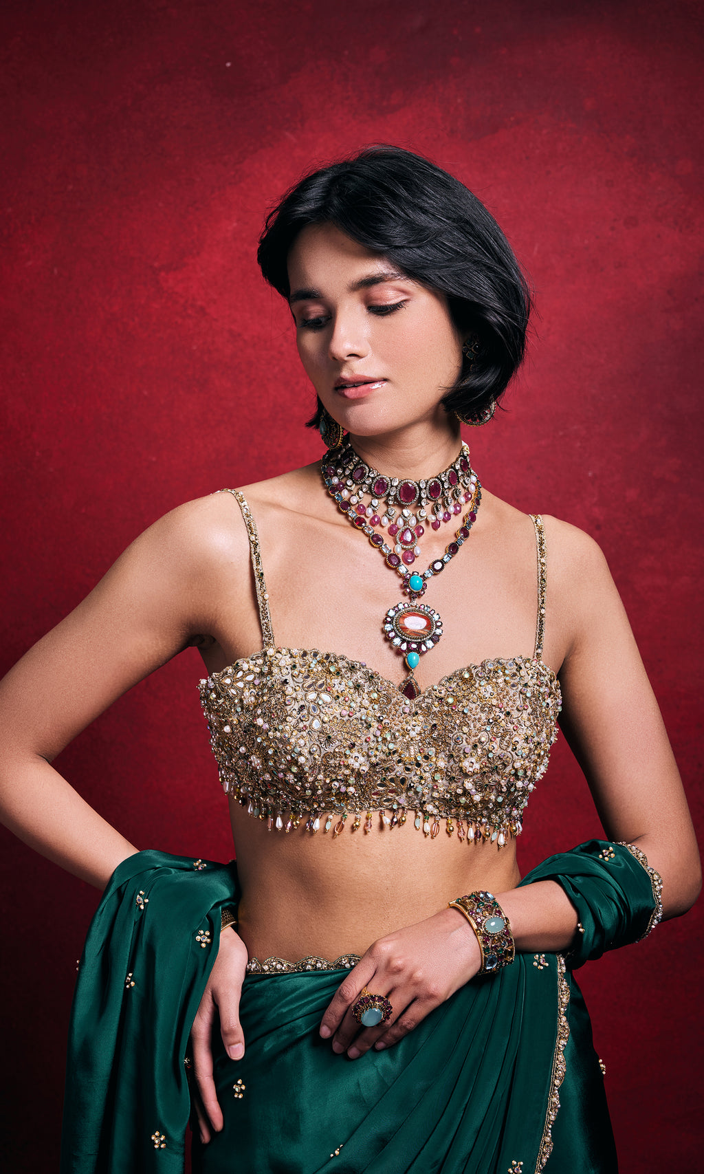 Emerald Green Crepe Saree Set