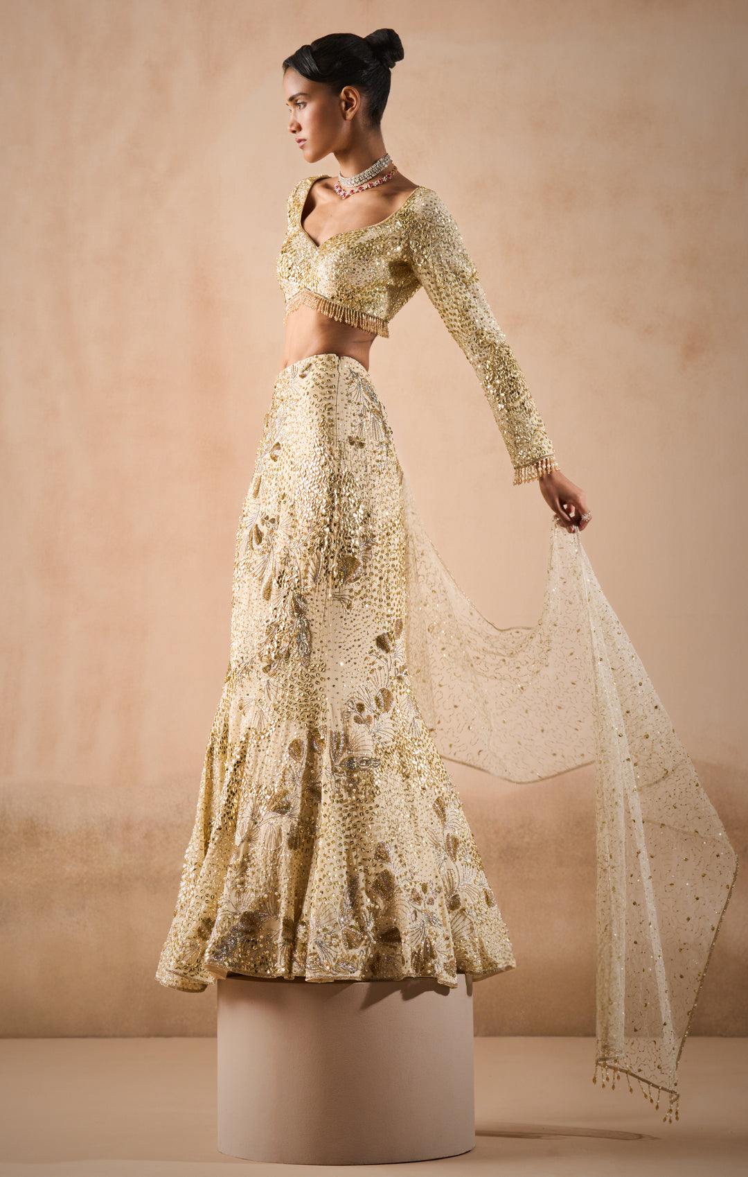Ivory Georgette Fir And Flare Lehenga Set