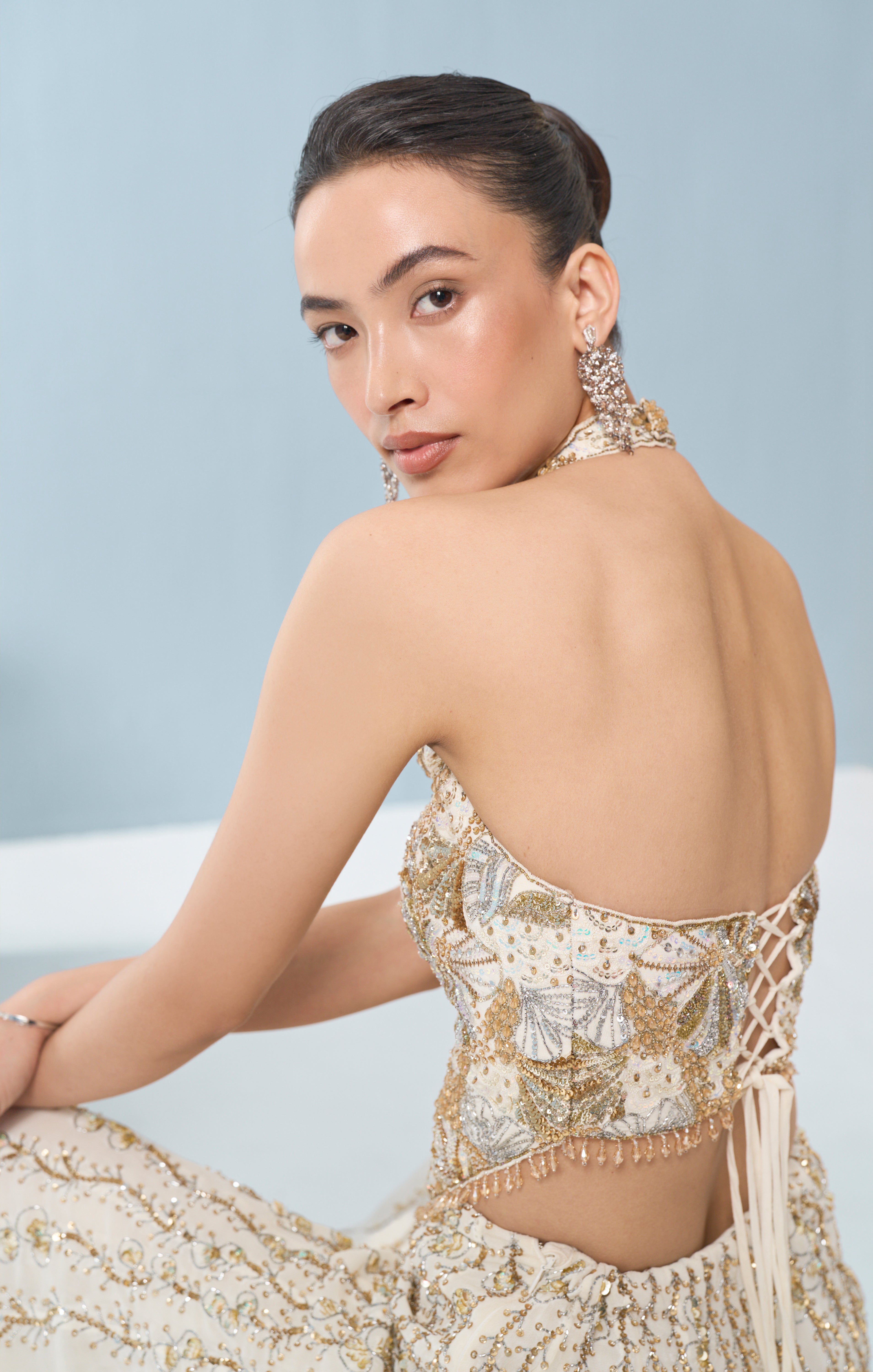 IVORY GEORGETTE HIGH WAIST SHARARA AND CORSET