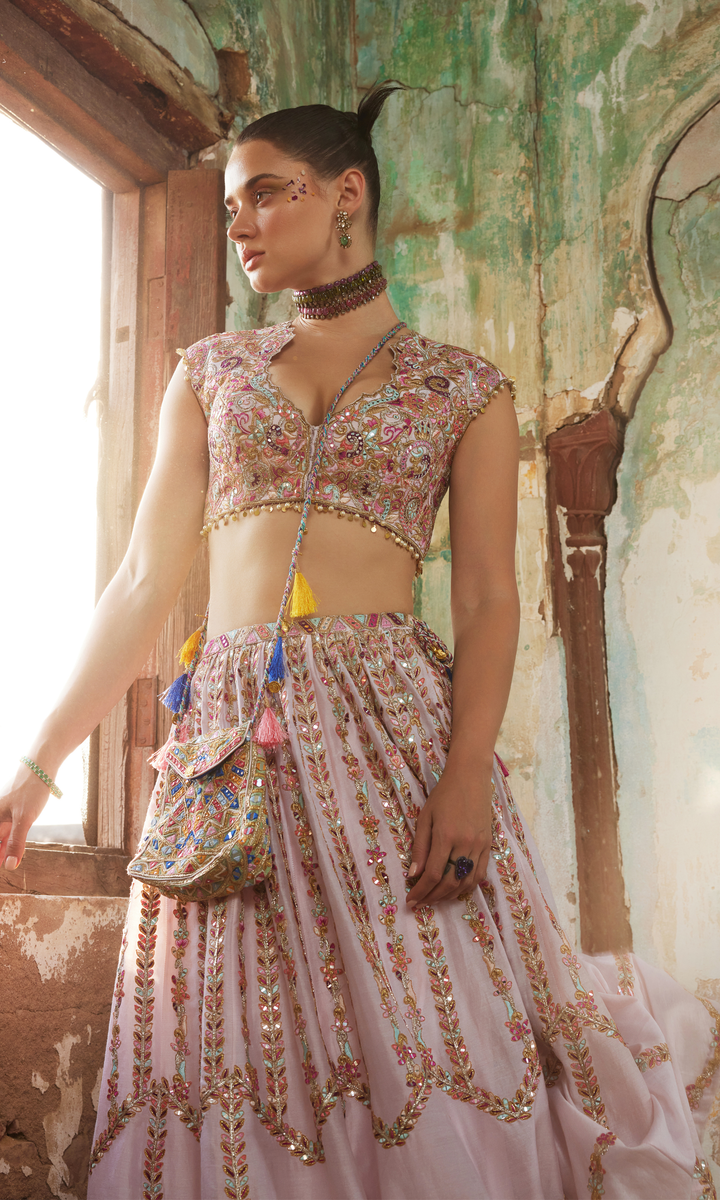 Light Pink Chanderi Skirt paired with Embroidered Blouse