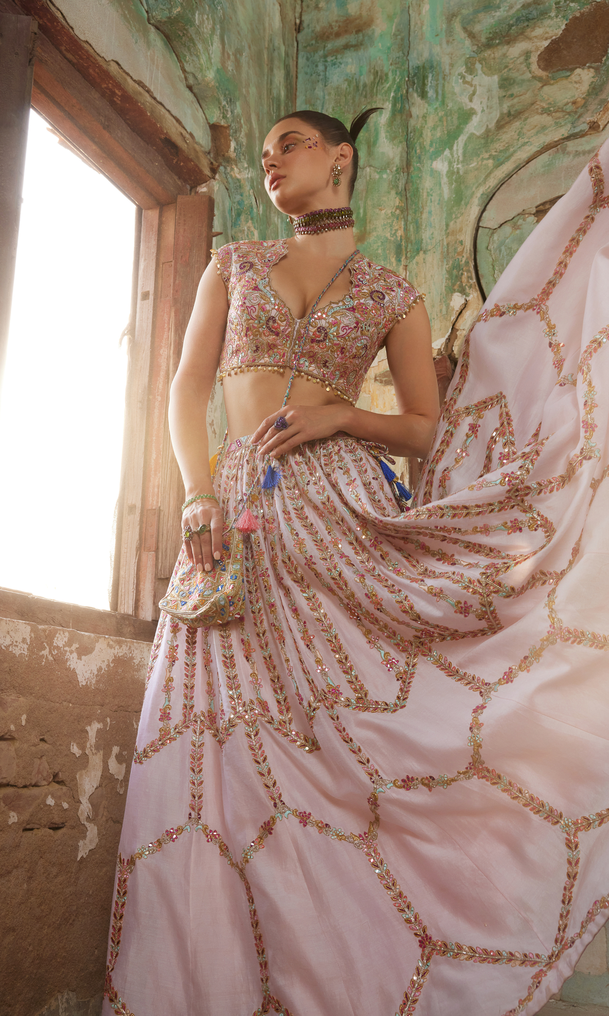 Light Pink Chanderi Skirt paired with Embroidered Blouse