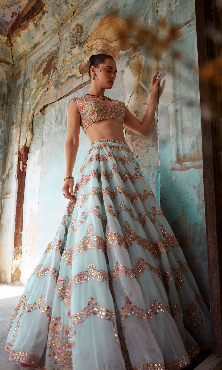 Blue Georgette Scallop Embroidered Lehenga Set