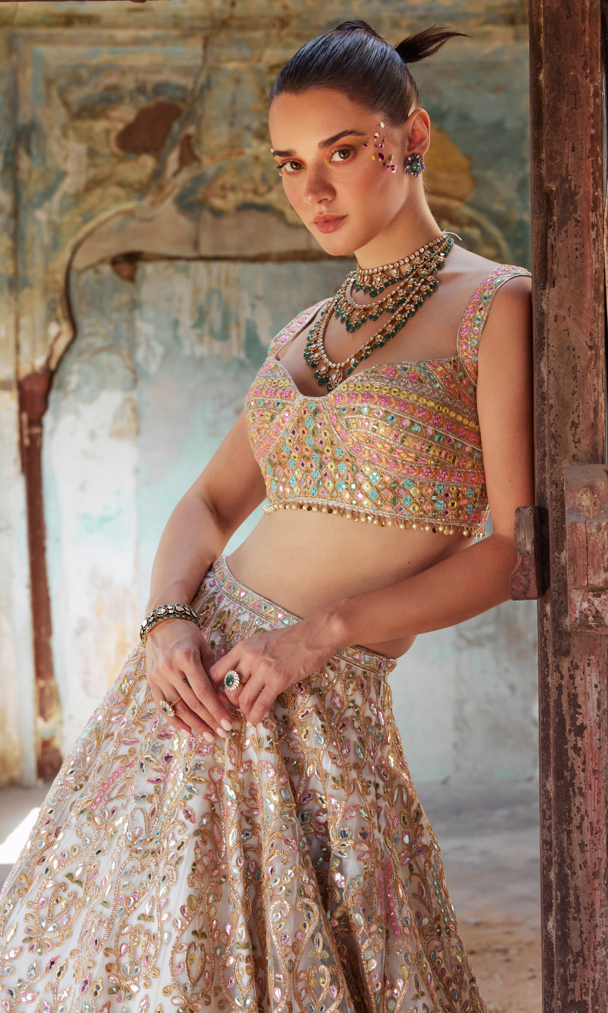 Ivory Net Foil Resham Embroidered Lehenga Set