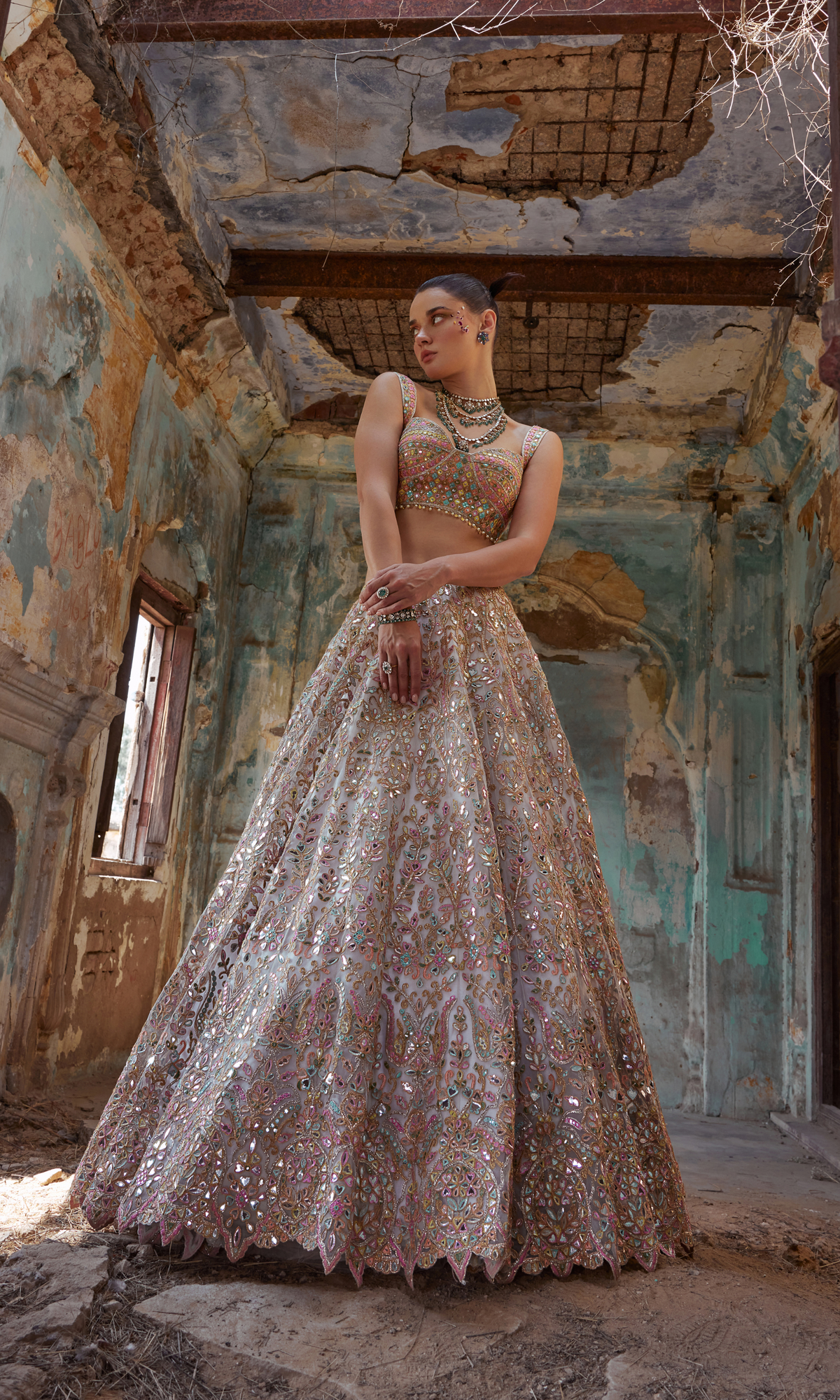 Ivory Net Foil Resham Embroidered Lehenga Set