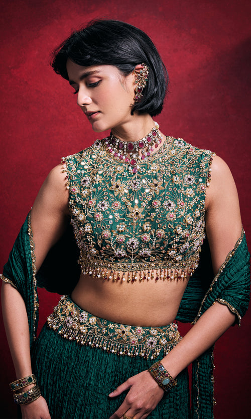 Emerald Green Crushed Lehenga Set