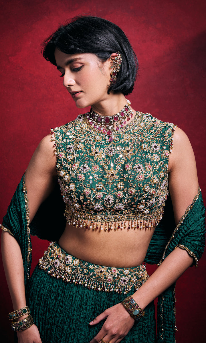 Emerald Green Crushed Lehenga Set