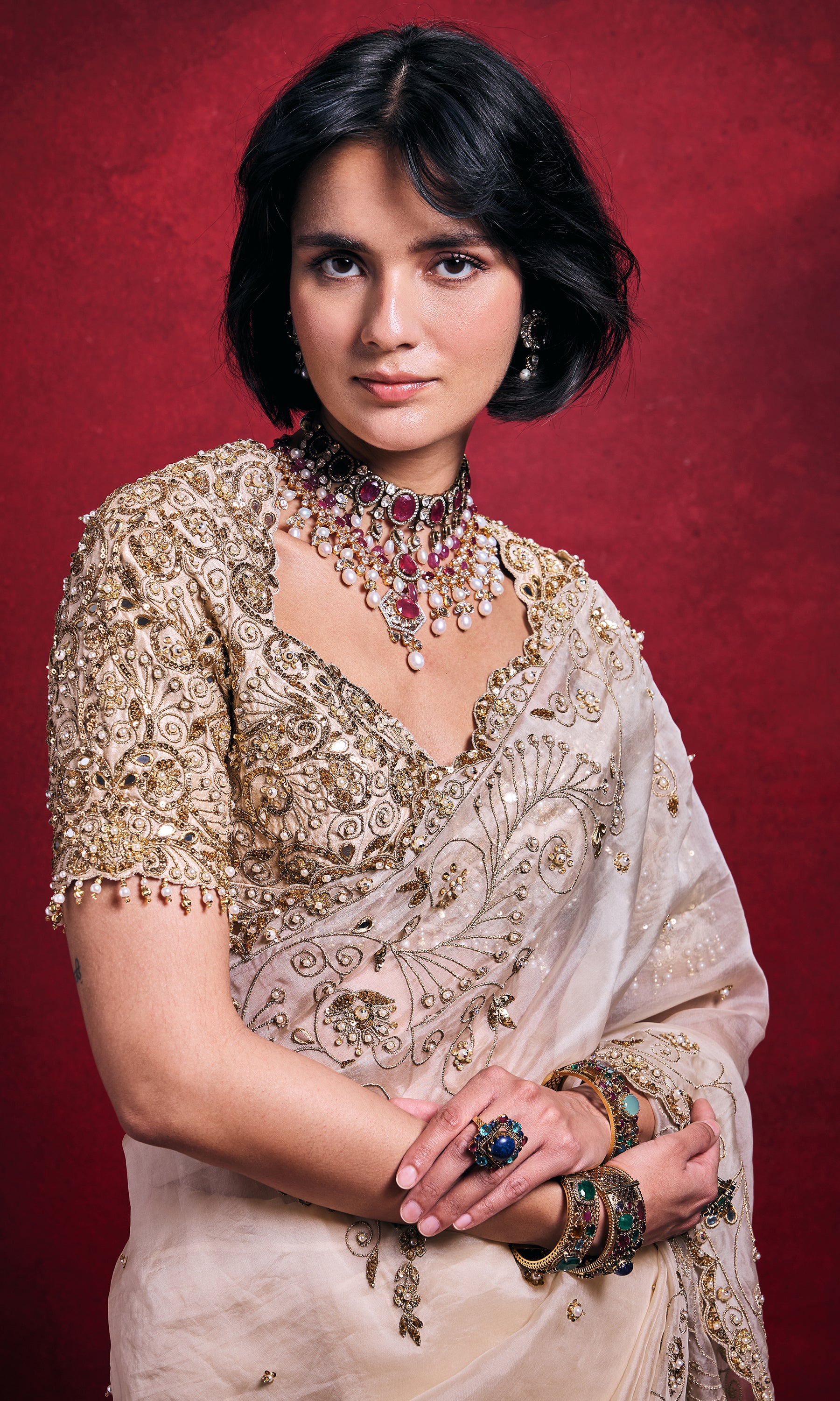 Cream Organza Saree Set