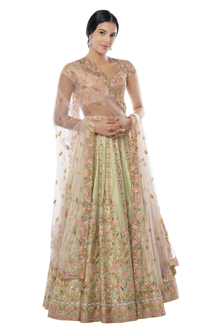 Mint Chanderi Lehenga with Pink Blouse