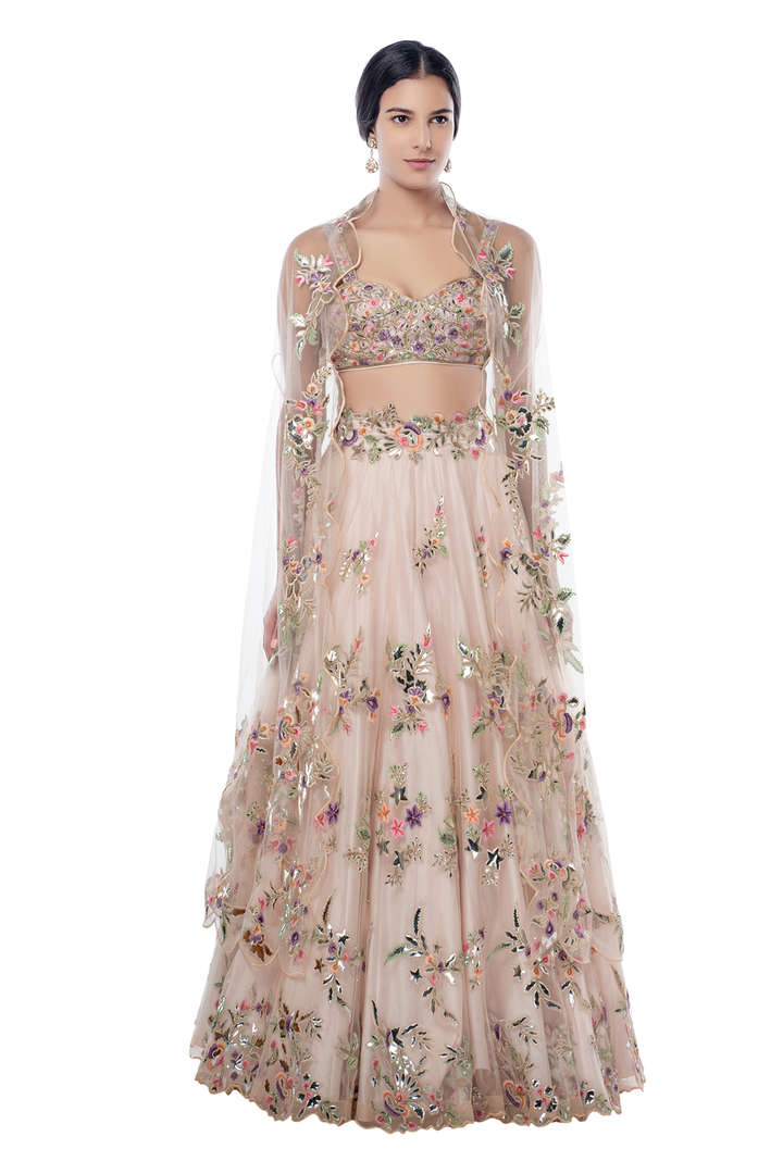 Blush Pink Lehenga with Foil Placement Cape Dupatta
