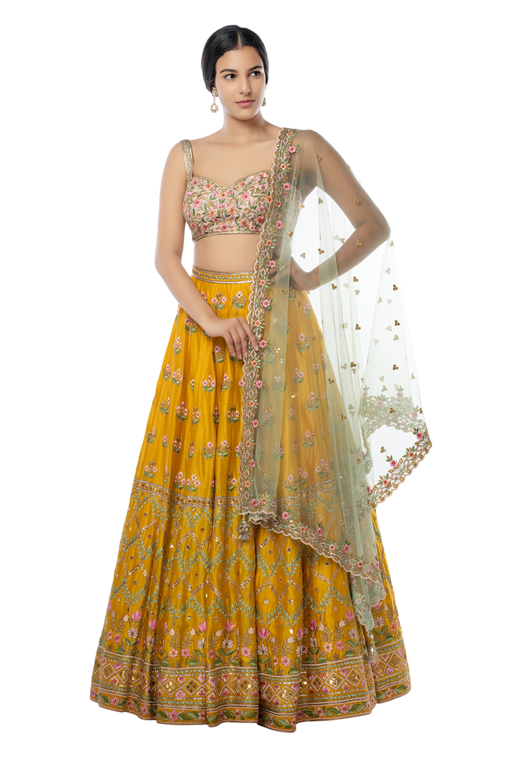 Mustard Lehenga with Resham, Gota