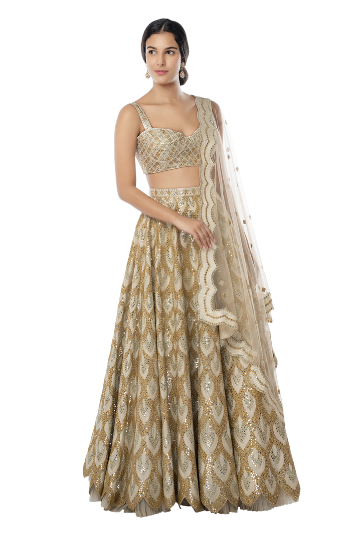 Ivory Heavy Resham Gold Lehenga Set