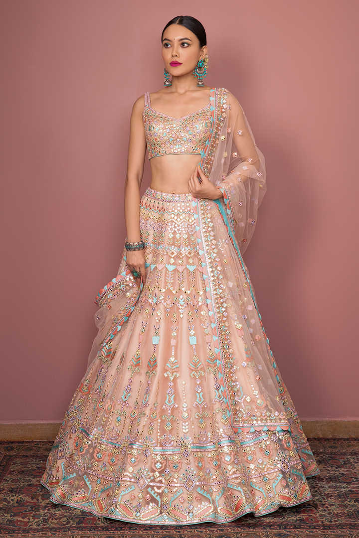 PEACH NET LEHENGA WITH RESHAM ,MIRROR AND DORI EMBROIDERY