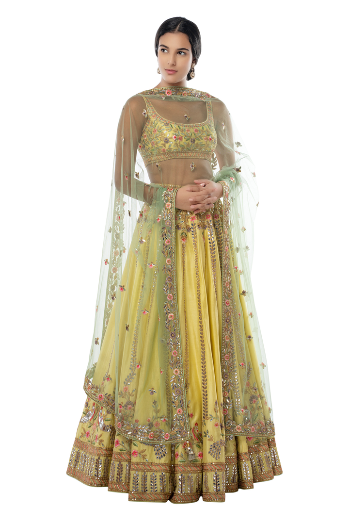 Lemon Yellow Peacock Foil Lehenga