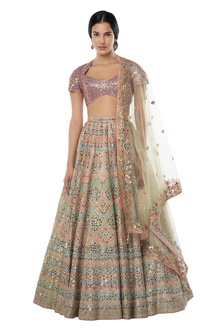 Mint Green Lehenga with Scallop Embroidery in Resham, Foil