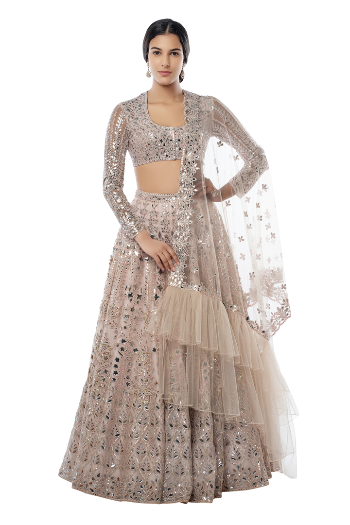 Light Pink Heavy Foil Lehenga with Frill Dupatta