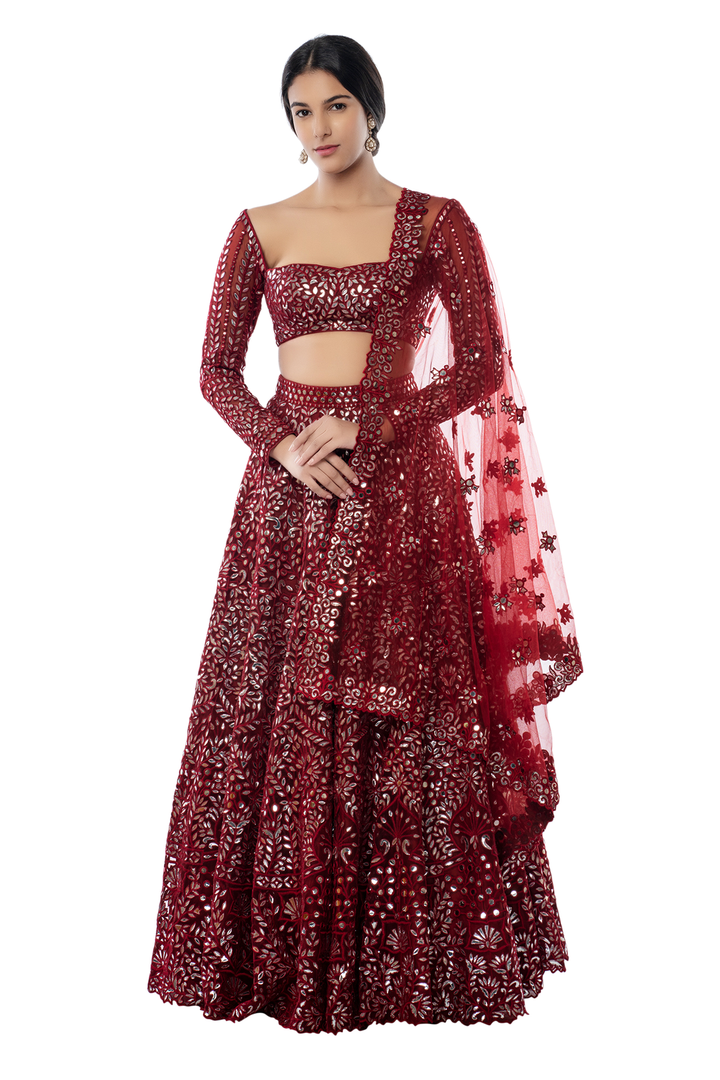 Maroon Net Foil Lehenga