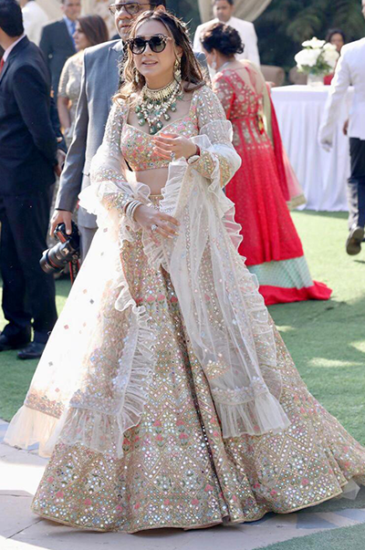 SEEMA DEWAN in Ivory Chanderi Resham, Gota, Foil Lehenga