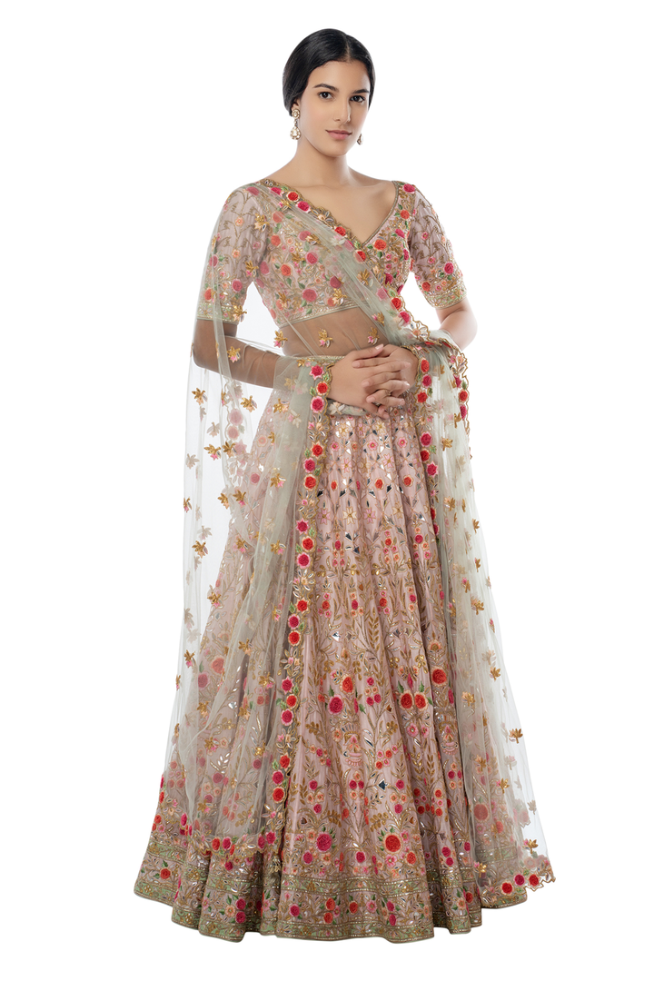 Light Pink Lehenga Set with 3D Flower Embroidery