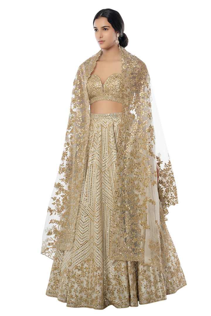 Ivory Chanderi Lehenga with Foil, Mirror and Gota