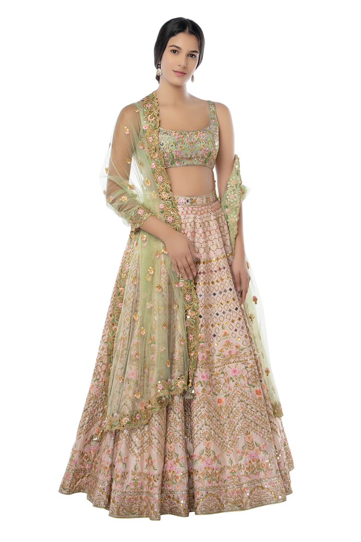 Light Pink Lehenga with Mint Blouse and Dupatta