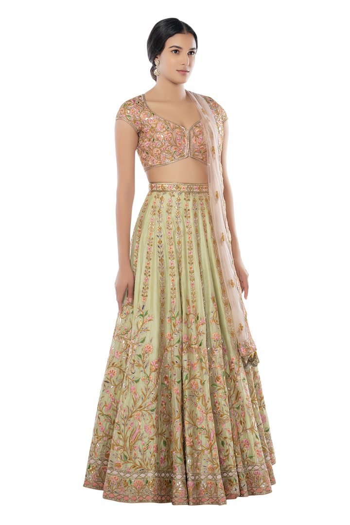 Mint Chanderi Lehenga with Pink Blouse