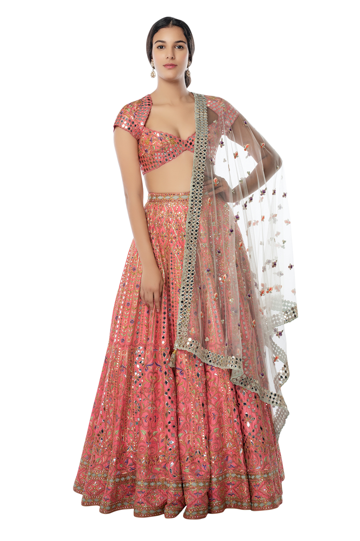 Coral Raw Silk Lehenga with Foil, Resham