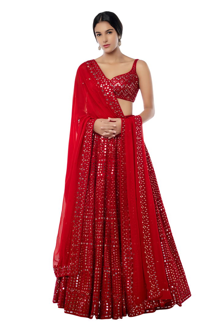 Red Geometry Lehenga