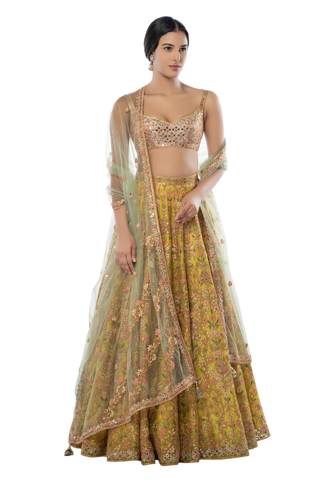 Green Foil Net Lehenga with Sage Green Dupatta