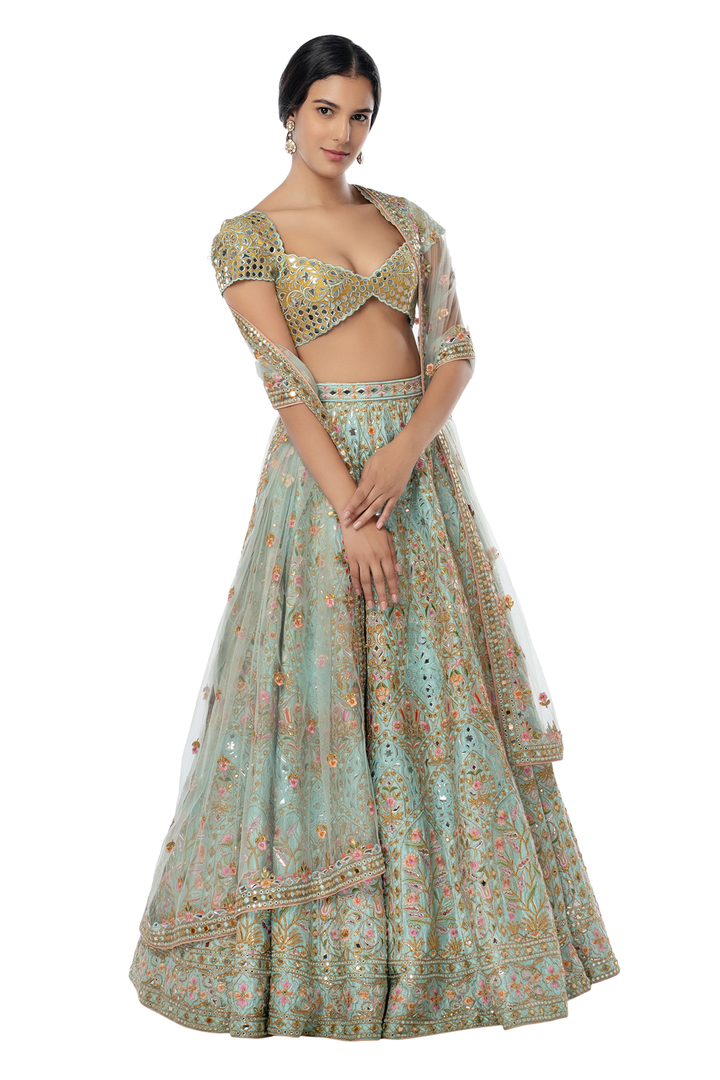 Powder Blue Raw Silk Lehenga with Resham, Foil