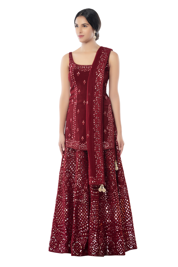 Maroon Short Kurta with Heavy Sharara