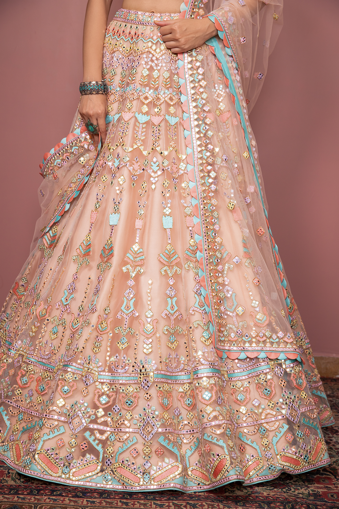 Peach Net Lehenga With Resham ,Mirror And Dori Embroidery