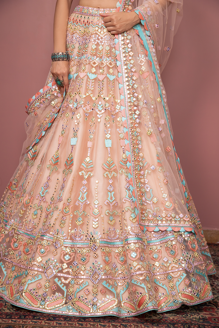 PEACH NET LEHENGA WITH RESHAM ,MIRROR AND DORI EMBROIDERY