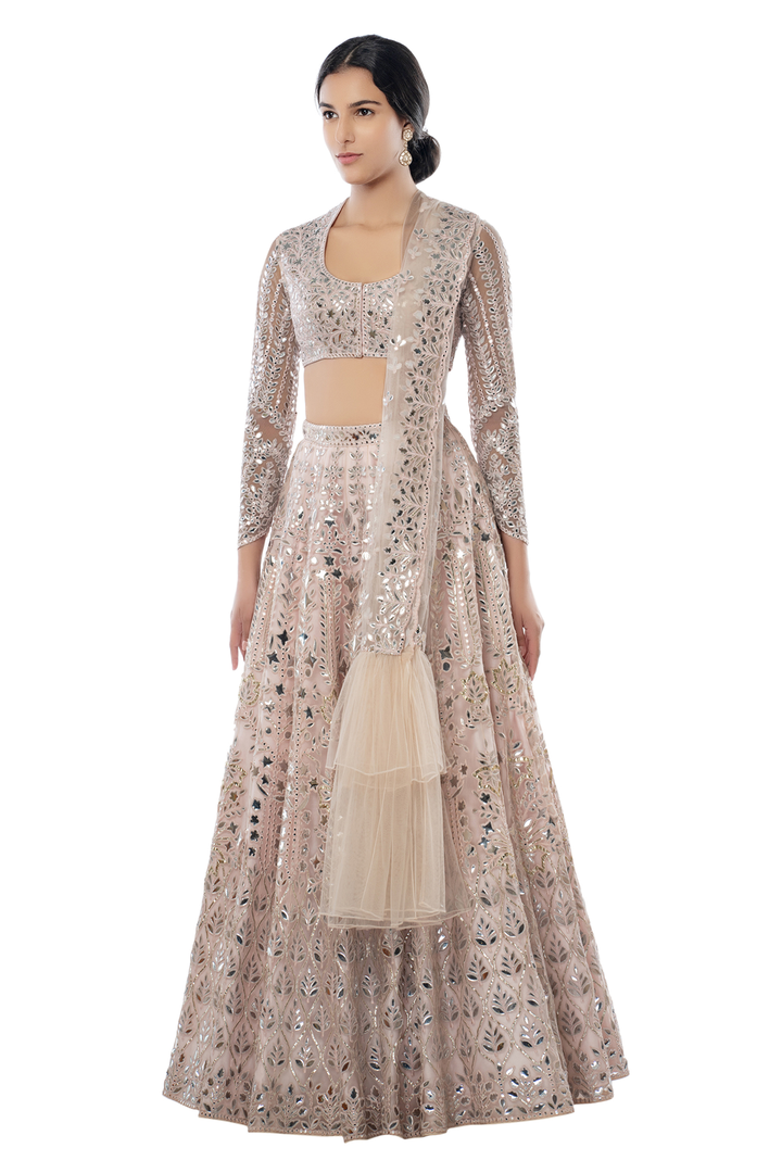 Light Pink Heavy Foil Lehenga with Frill Dupatta