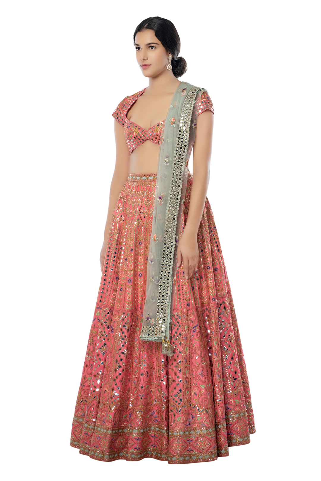 Coral Raw Silk Lehenga with Foil, Resham