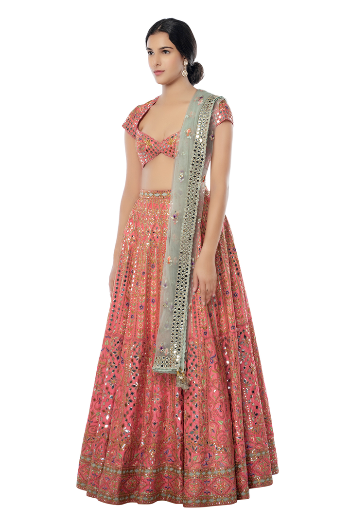 Coral Raw Silk Lehenga with Foil, Resham