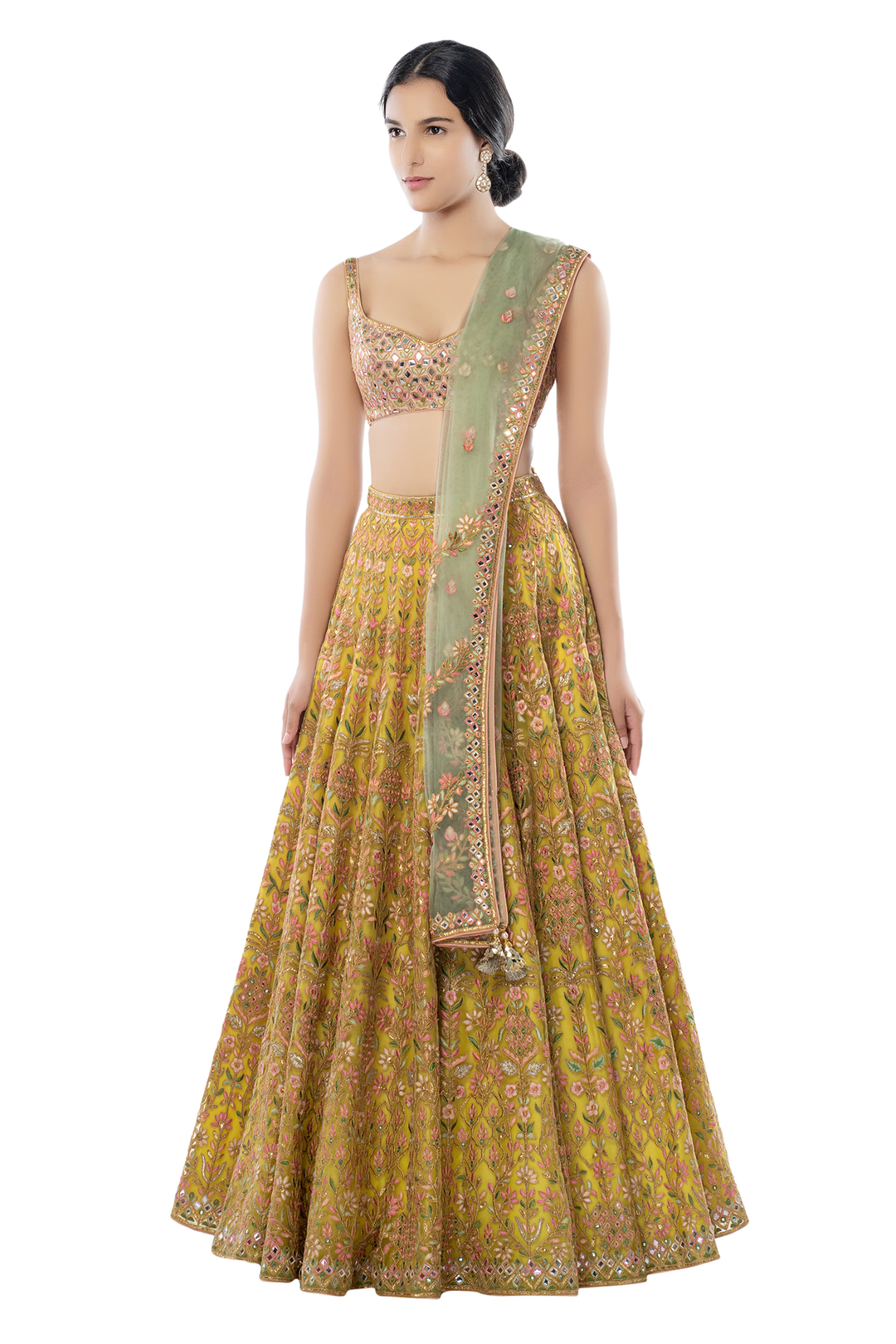 Green Foil Net Lehenga with Sage Green Dupatta