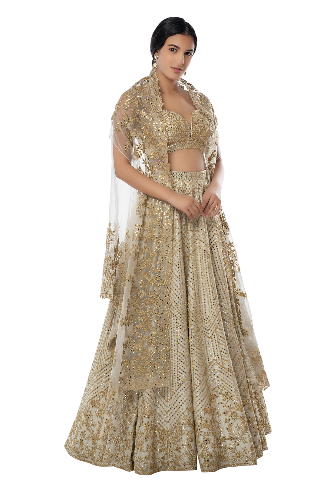 Ivory Chanderi Lehenga with Foil, Mirror and Gota
