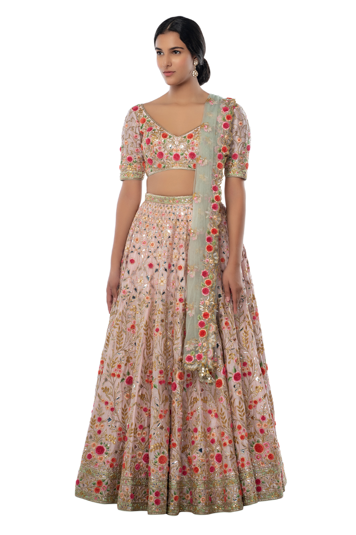 Light Pink Lehenga Set with 3D Flower Embroidery
