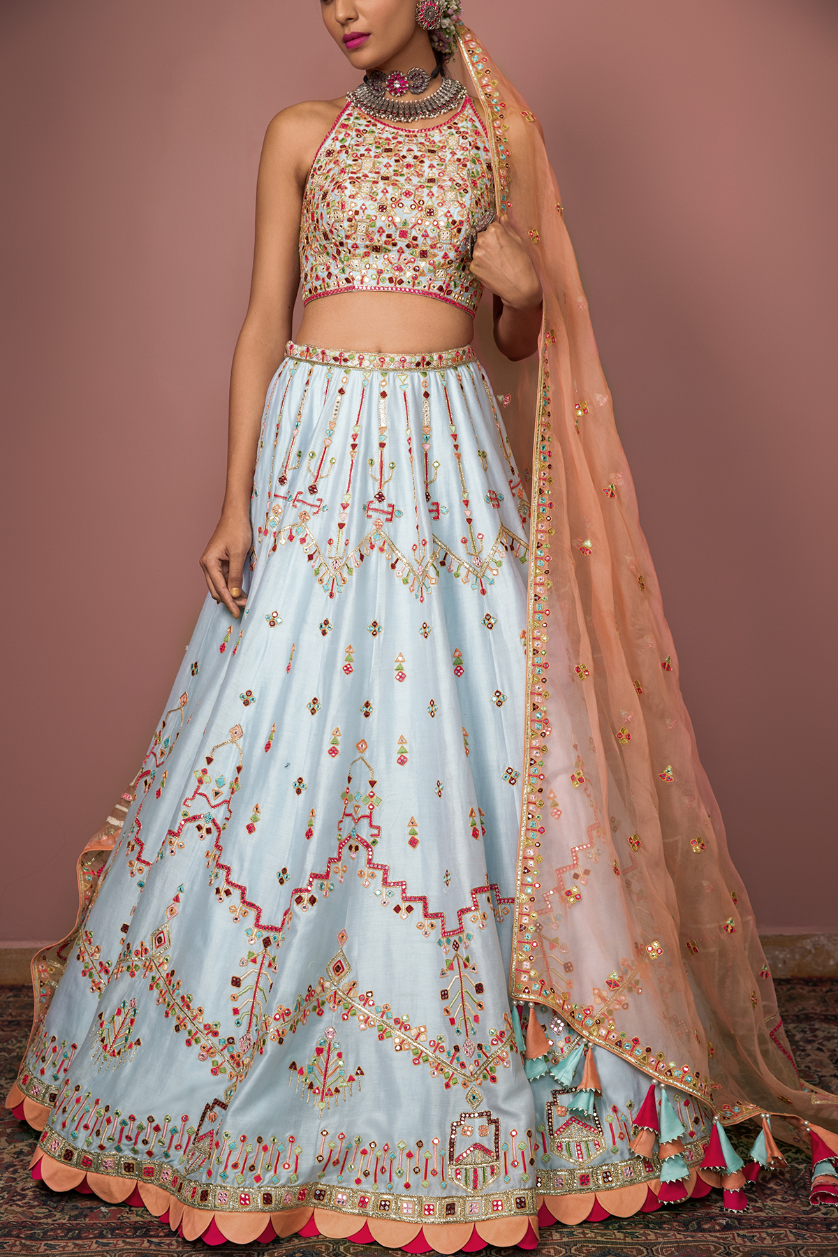 Blue Lehenga With Halter Blouse