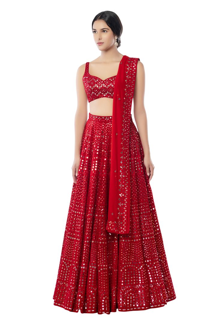 Red Geometry Lehenga