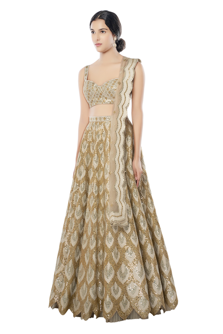 Ivory Heavy Resham Gold Lehenga Set