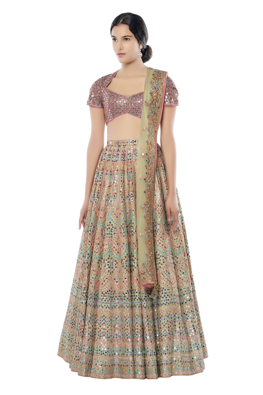 Mint Green Lehenga with Scallop Embroidery in Resham, Foil