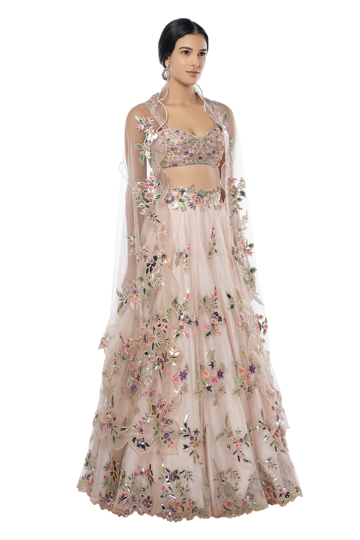 Blush Pink Lehenga with Foil Placement Cape Dupatta