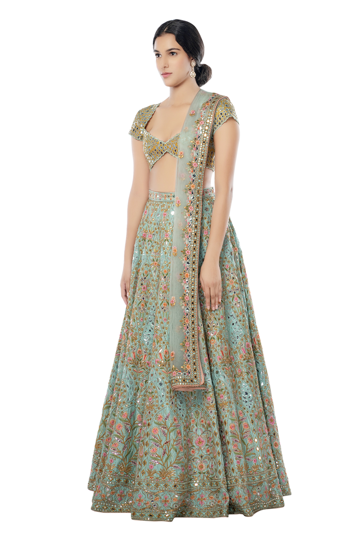 Powder Blue Raw Silk Lehenga with Resham, Foil