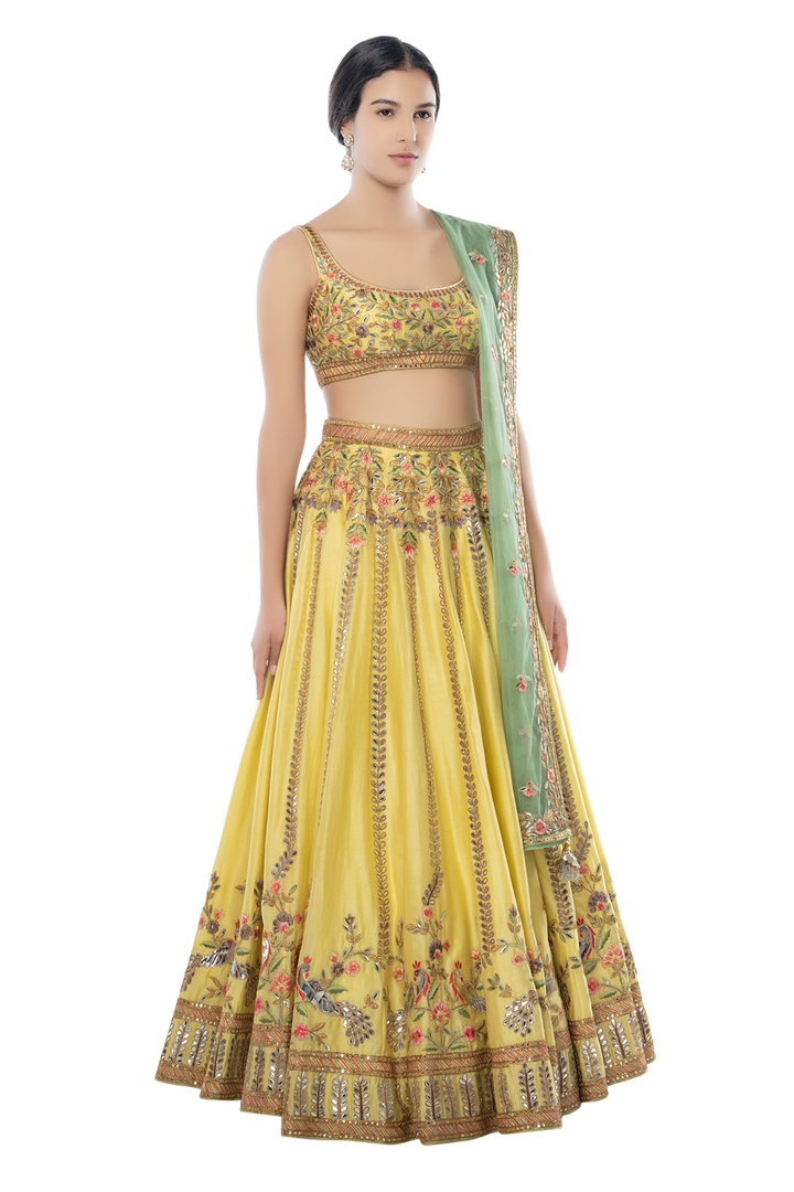 Lemon Yellow Peacock Foil Lehenga