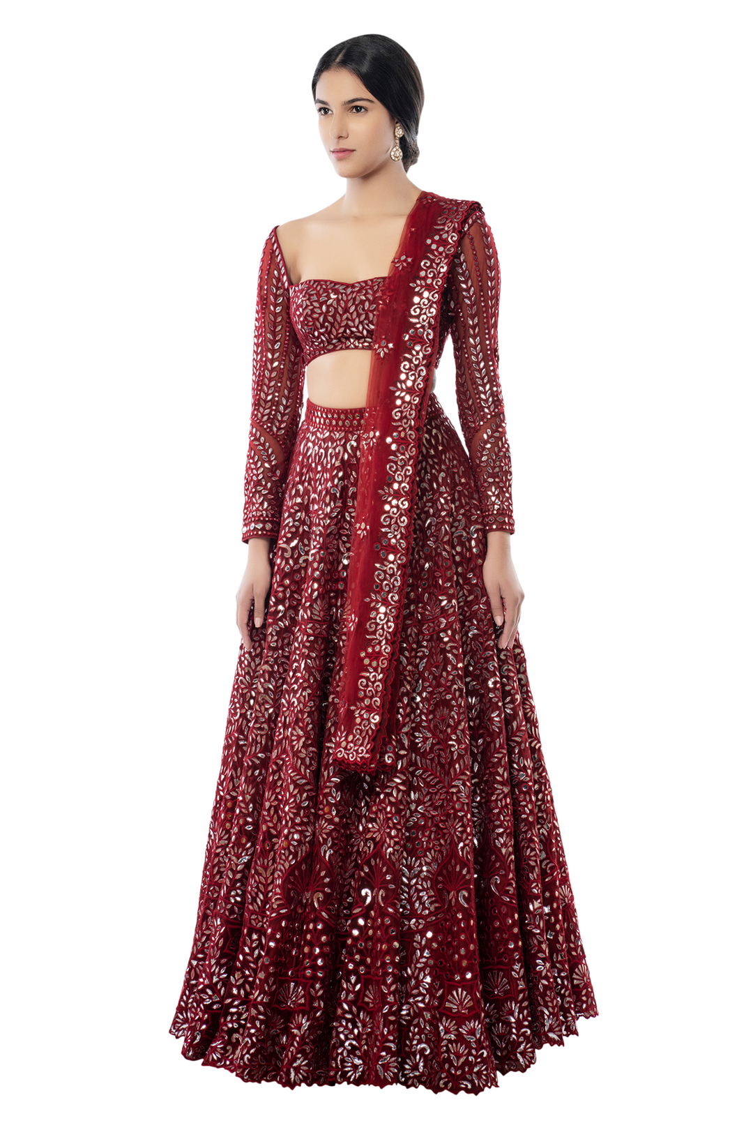 Maroon Net Foil Lehenga