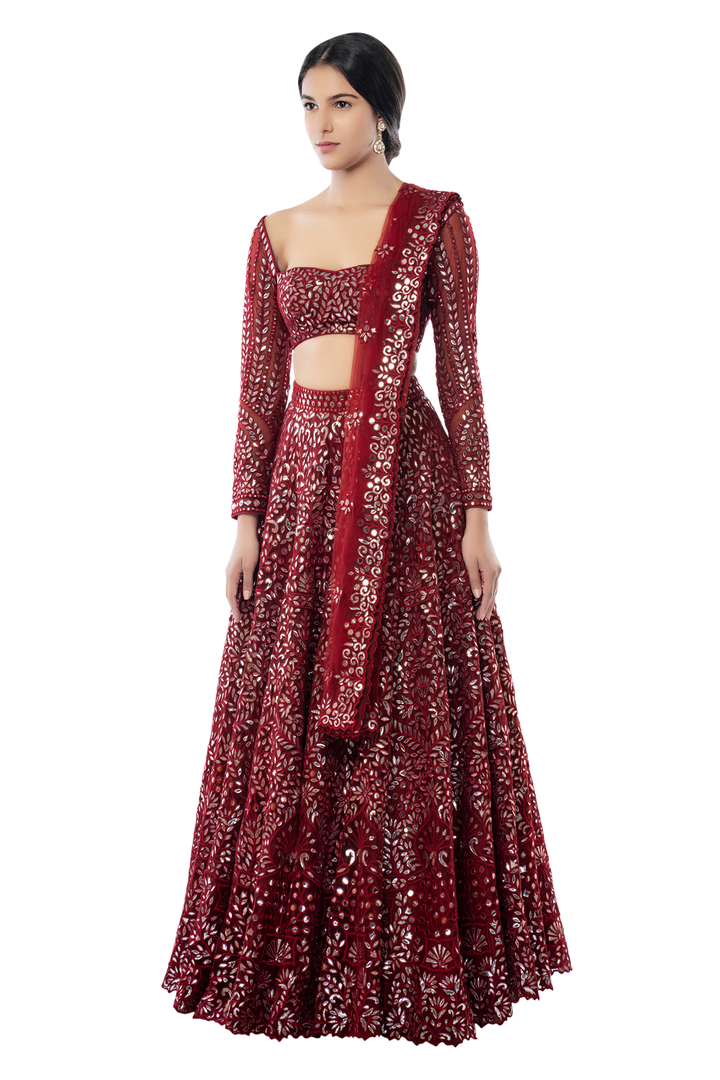 Maroon Net Foil Lehenga