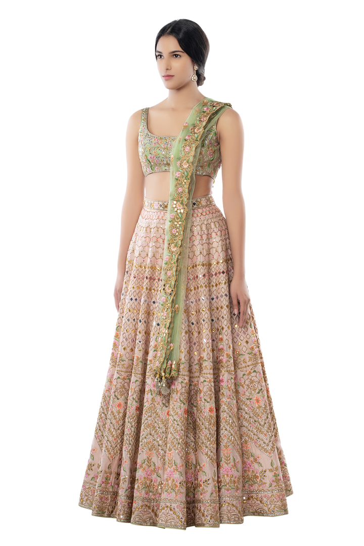 Light Pink Lehenga with Mint Blouse and Dupatta