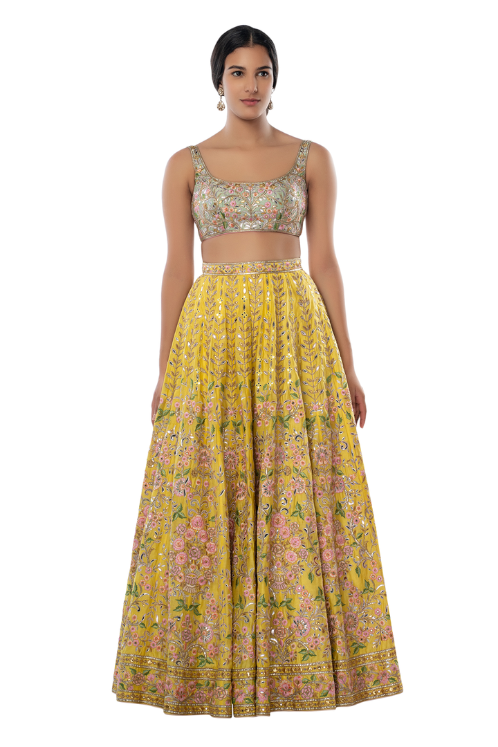 Bright Yellow Chanderi Lehenga with Resham